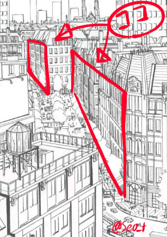 高校時代に描いた絵の奥行きが圧縮されている箇所のお話。当時はパースとか難しく考えていたわけじゃないんですよね(初歩的な基礎的は知っていたけど)。ただ「自分が良いと感じた街並みの写真」を見たらこう見えてたんです。それを真似してその通りに描いたら理想に近づけて気持ちが良かった。大事な 
