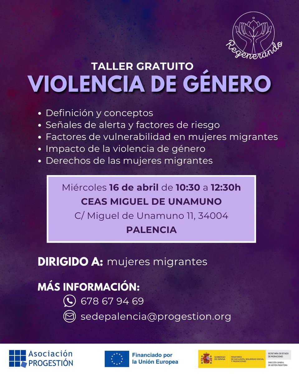 ✊💜Desde la @aso_progestion continuamos con el proyecto #Regenerando y el próximo miércoles 16 de abril a las 10:30 horas te invitamos a participar del taller #ViolenciaDeGénero en el CEAS Miguel de Unamuno en Palencia.

📝Si eres mujer y migrante, ¡Apúntate y participa!