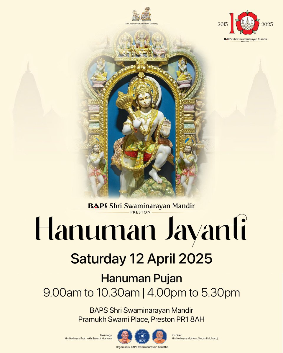 🪷 Hanumanji, one of the foremost devotees of Shri Rama, was born on Chaitra Sud 15. Anjana, the wife of Kesari, King of the Monkeys, gave birth to Hanumanji due to the grace of Shiva and Vayu Dev. 

Devotees will be able to perform pujan of Hanumanji at the Mandir on Saturday.
