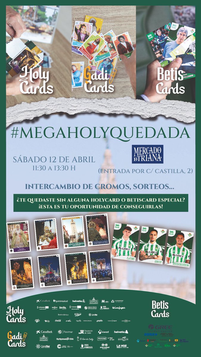 ¡MEGAHOLYQUEDAD EN EL <a href="/mercado_triana/">Mercado de Triana Sevilla</a>!

Podrás conseguir cualquier carta especial que te falte de la colección.

*Compra mínima de 5 sobres.

💚🤍💚

#BetisCards #Betis #RealBetis