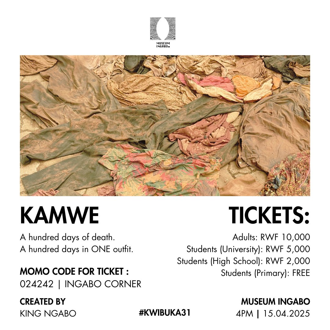 Kingabo_'s tweet photo. KAMWE EXHIBITION PROGRAM
4:00 PM – 7:00 PM
Exhibition Tour & Talk with the Artist
7:00 PM – 9:00 PM
Music Performance Curated by @sofarkigali
Pay your ticket!
Momo Code: 024242 | INGABO CORNER LTD
#KWIBUKA31
Location : @MuseumIngabo https://t.co/7VhTMxQ6KZ