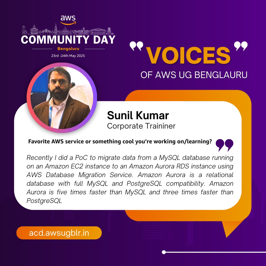 awsugblr's tweet image. 🎙️ Hear from one of our own #AWSUGBLR member!

⭐ SUNIL KUMAR shares some insights.
This is only one such instance, but at our meet-ups and ACDs, we have many such individuals with a wealth of knowledge from whom you can learn a lot.

🎫 Join #ACDBLR25 - acd.awsugblr.in/#tickets