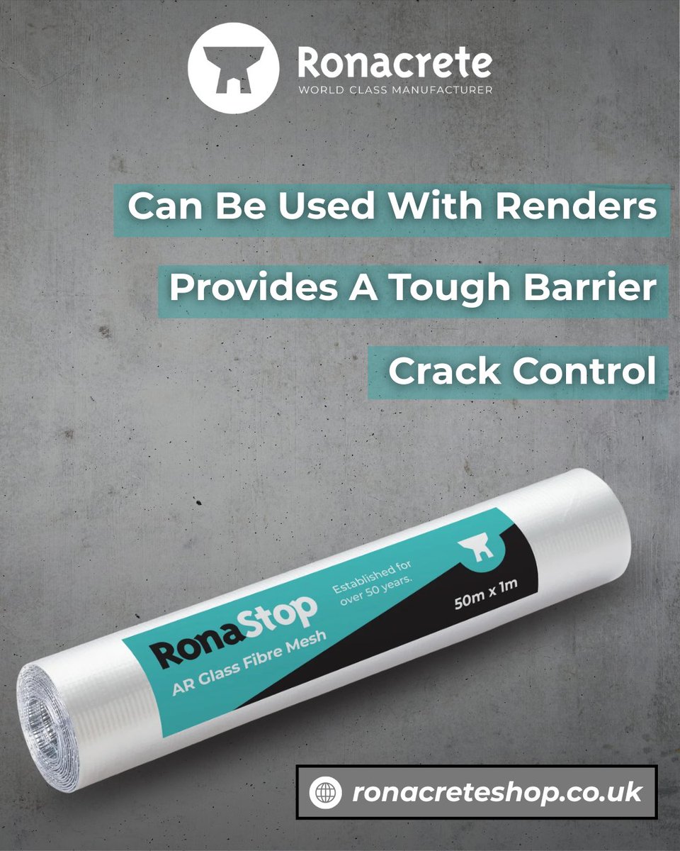 Ronacrete's tweet image. With a 5mm x 5mm mesh and a high zirconia content, it provides strong alkaline resistance, ideal for use with cement-based renders and coatings.

Experience The Ronacrete Difference.

Shop Now: ronacreteshop.co.uk/products/ronac…

#RenderSupport #CrackControl #ConstructionMaterials