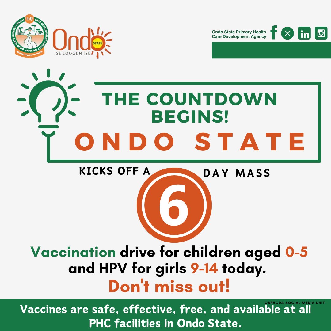 osphcda's tweet photo. The countdown begins! ONDO STATE kicks off a 6-day mass vaccination drive for children aged 0-5 and HPV for girls 9-14 years today.

Don't miss out !

#CatchUpOndo
#VaccinateOndoChild
#SupportImmunization https://t.co/GvdVdcM8xF