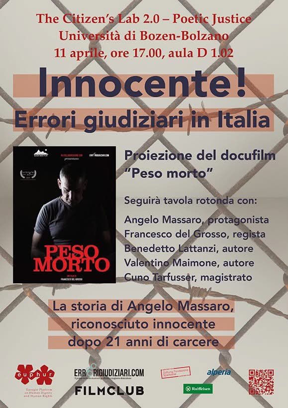 Errorigiudiziar's tweet photo. Oggi saremo qui con il docufilm "Peso morto" che abbiamo scritto e prodotto sulla tragedia giudiziaria e umana di @Angelo54746948 Massaro:
21 anni di ingiusta detenzione per un omicidio mai commesso. Se vi trovate da quelle parti, accettate un consiglio: non perdetelo. https://t.co/HngST1zxFU