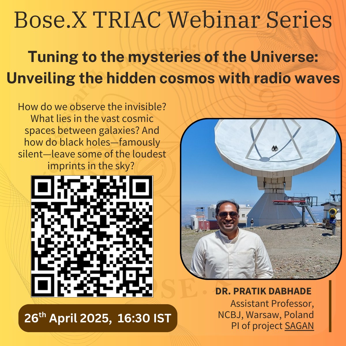bosexorg's tweet photo. Tuning to the Mysteries of the Universe: Unveiling the Hidden Cosmos with Radio Waves"
Join us for a webinar. Scan the QR code to register !! 
#astronomy #astrophysics #blackhole #gravitationalwaves #darkmatter #sciencecommunication https://t.co/LHbKV0g6dl