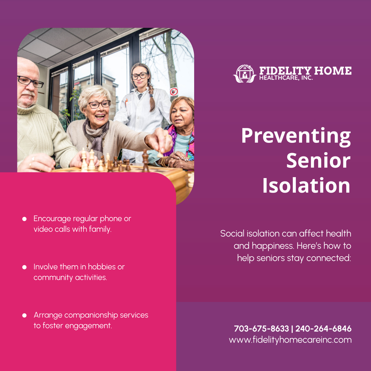 Fidelityhhc's tweet photo. Loneliness can impact seniors’ mental health. Keeping them socially active helps improve their quality of life. Try these simple ways to keep your loved ones engaged and connected. 

#HomeHealthCare #LaurelMD #SeniorWellness https://t.co/90muA2avcg