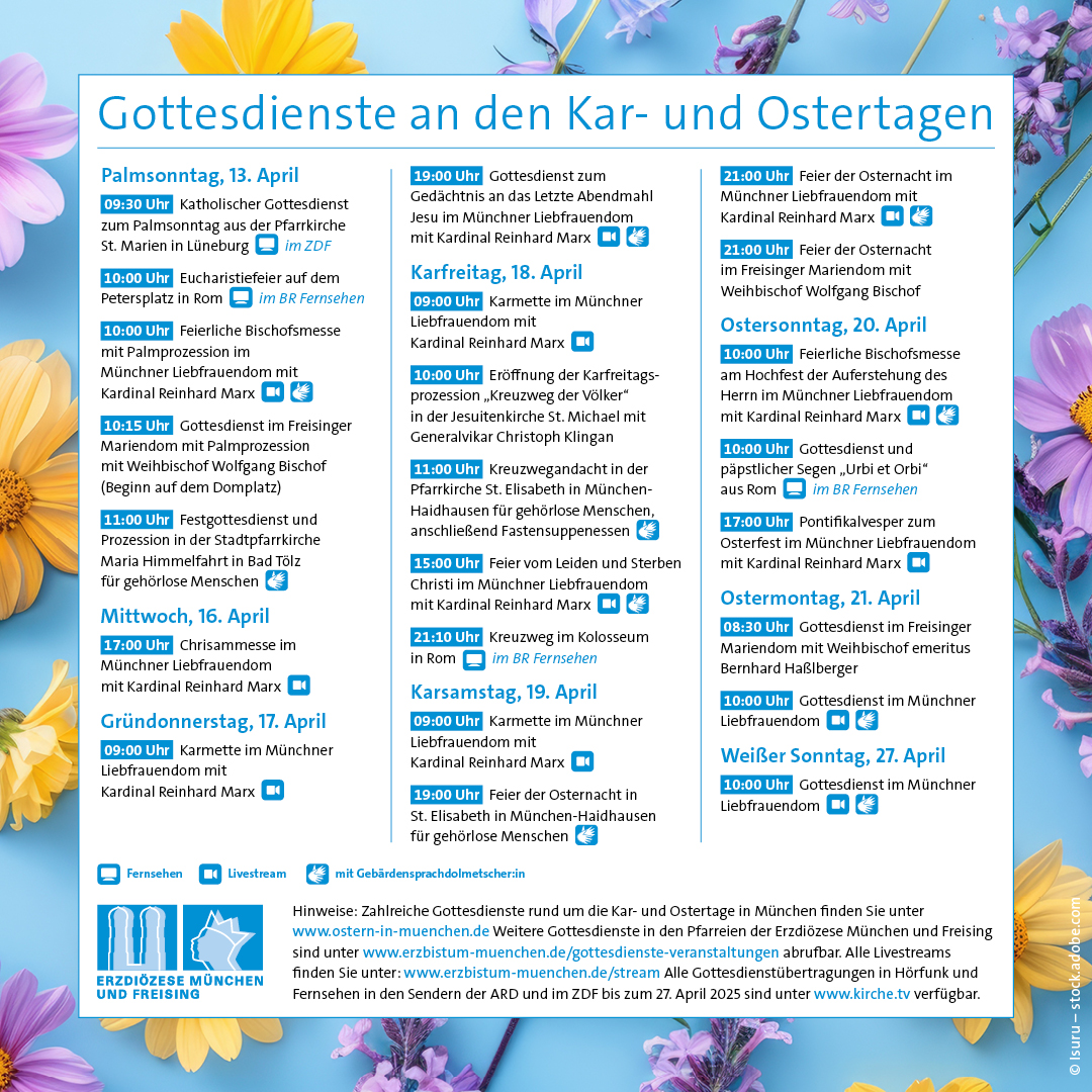 Als Höhepunkt des Kirchenjahres werden Palmsonntag, Kar- und Ostertage mit festlichen Gottesdiensten gefeiert – eine Übersicht über die wichtigsten Termine. Weitere Gottesdienste in den Pfarreien der Erzdiözese👉kurzlinks.de/orrb #ostern #karwoche #gottesdienst