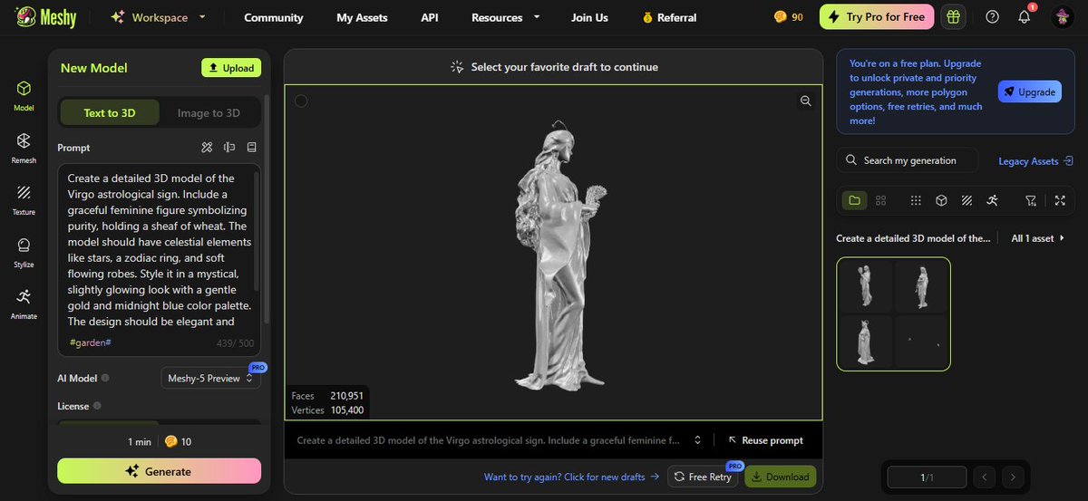 joanlands98's tweet photo. Just tried out Meshy for text-to-3D image conversion, and I'm blown away! 🚀✨ In just a few clicks, I turned simple text descriptions into detailed 3D models. The free version is a game-changer for anyone looking to dive into 3D design! #3Dmodeling #AI #Meshy #Innovation https://t.co/QSm2yrwy35