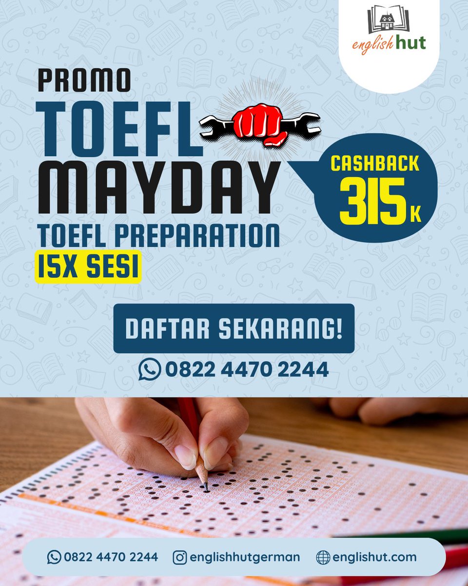 English_Hut's tweet photo. Promo kelas TOEFL Preparation 👇🏼

Sebelum ambil tes TOEFL, lebih baik kalau belajar dulu sebelum ujian 😉

Yuk belajar TOEFL di English Hut!
Hubungi admin via WA untuk informasi dan pendaftaran yaaa 😉
📱0822 4470 2244
🏡 Jl. Kepundung no. 19, kota Malangenglish https://t.co/Yk3hghSEeG