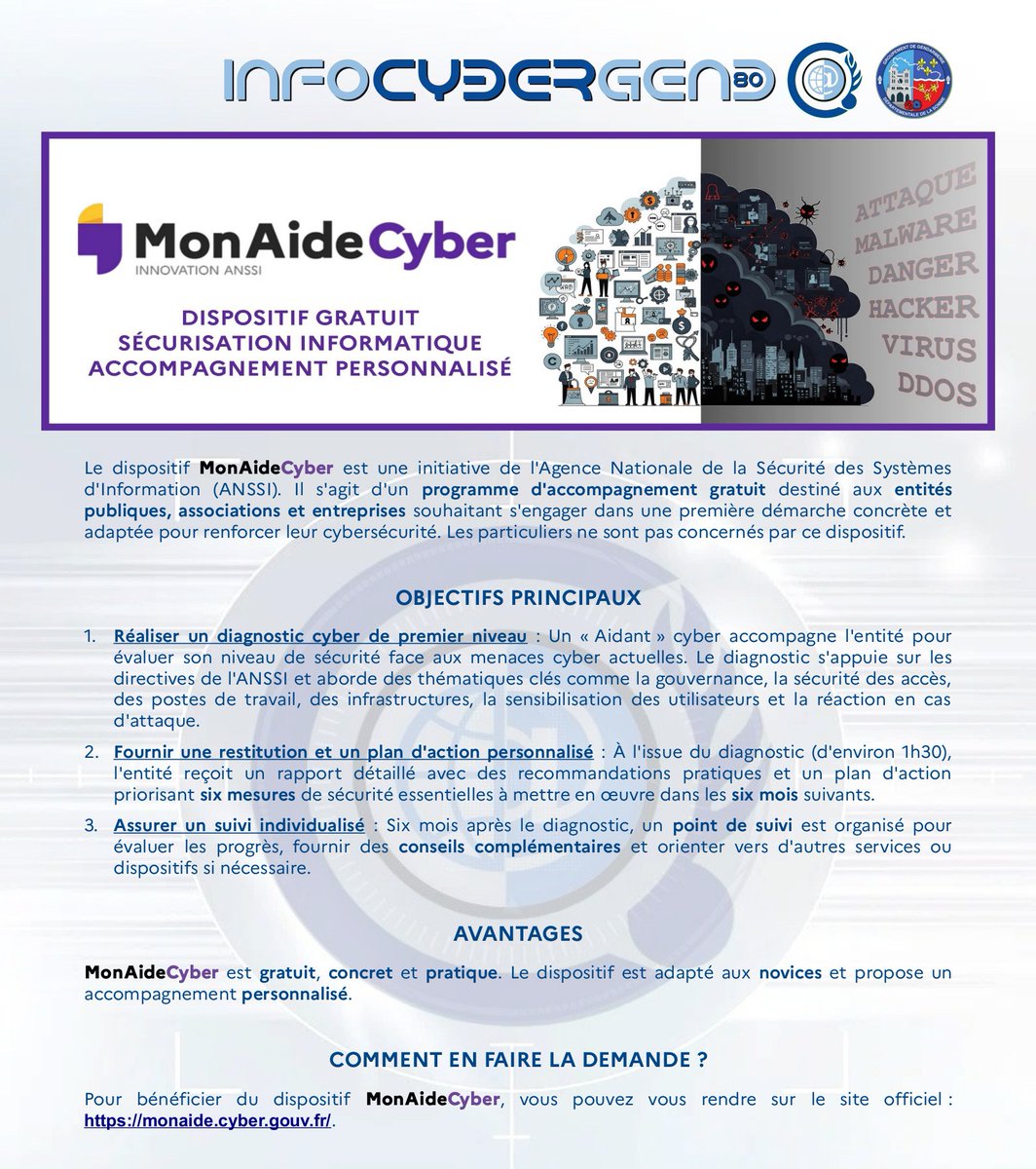 Gendarmerie_080's tweet photo. [#CYBERGEND] Protégez votre structure contre les cybermenaces ! 🔐

Vous êtes une collectivité, une association ou une entreprise ? Le dispositif MonAideCyber, vous propose un accompagnement gratuit et personnalisé pour renforcer votre cybersécurité.

📲 https://t.co/guj7jaPxUV https://t.co/YZrWKe7x39
