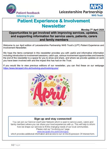April's Patient Experience &amp; Involvement Newsletter is now out. Find out about opportunities to get involved &amp; updates. shorturl.at/kkHvP