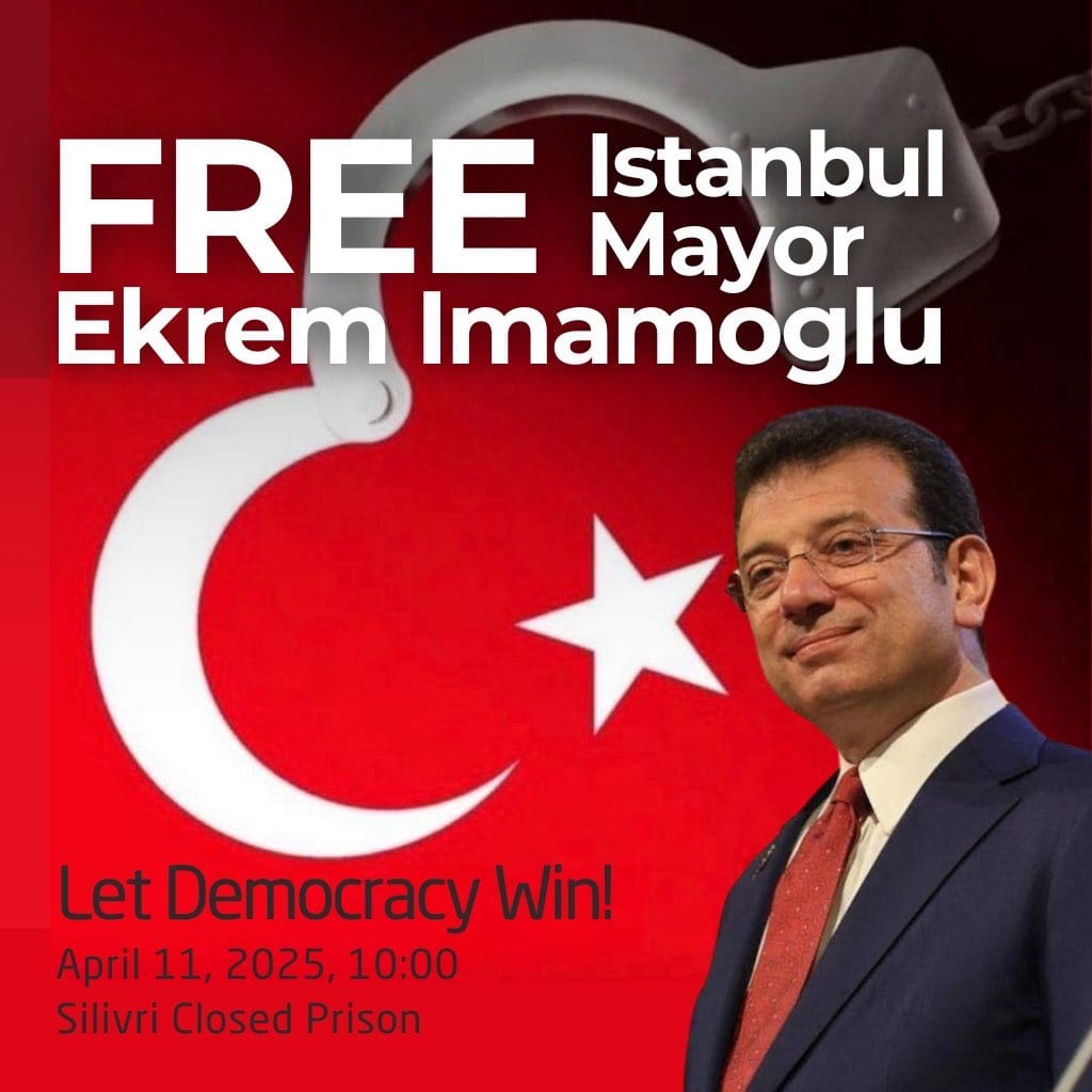 Today we stand in solidarity with the people of Türkiye, with democracy, and with justice.✊ 

We demand justice, the protection of democratic values and his immediate release.   Raise your voice, share and support! 📷 

#freeimamoglu #freeistanbulmayor #justiceforturkey