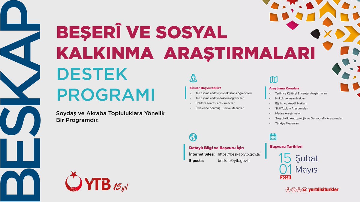 yurtdisiturkler's tweet image. Beşeri ve Sosyal Kalkınma Araştırmaları Destek Programı başvuruları devam ediyor.

#BESKAP ile soydaş ve akraba topluluklarımızın beşerî ve sosyal kalkınmalarına yönelik kapsamlı, yol haritası oluşturan, özgün, yenilikçi tez ve bilimsel araştırmalarına destekler verilecek.

Son