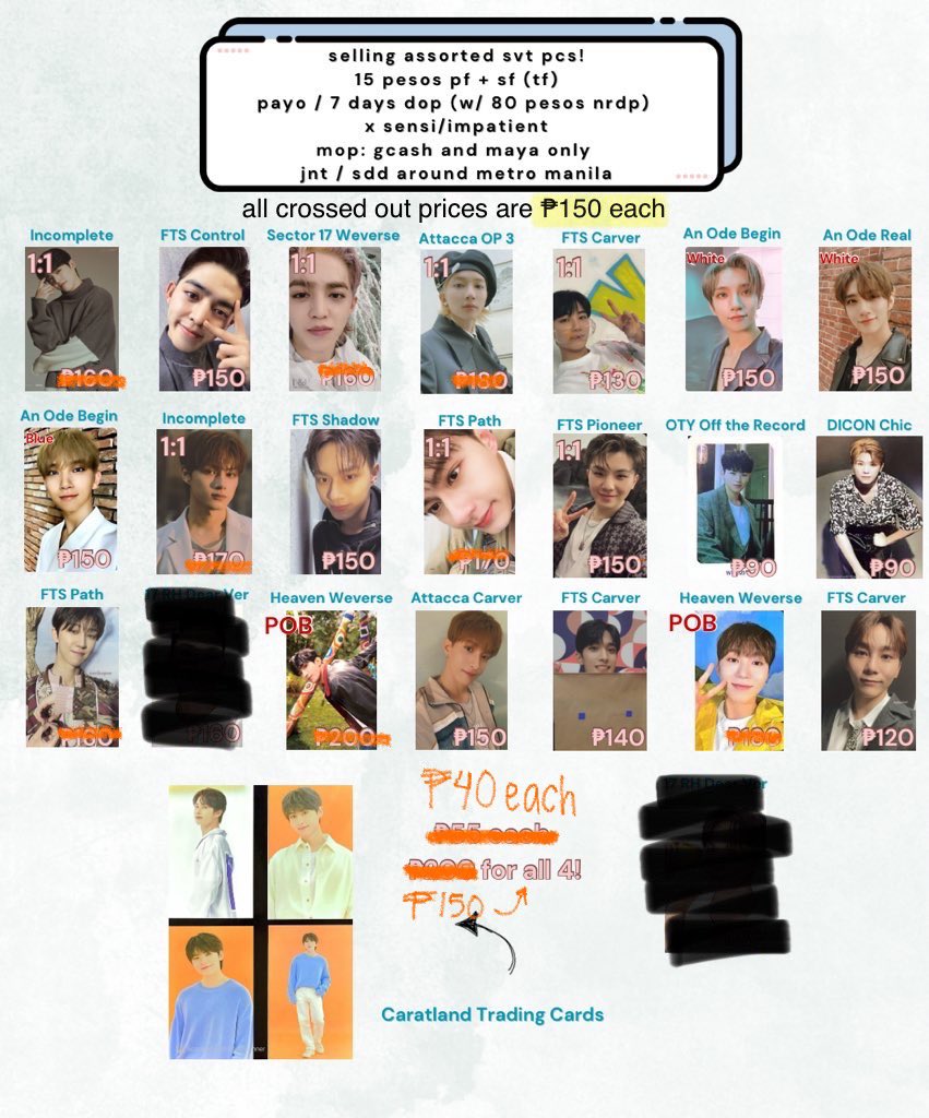 jeonghanelixr's tweet photo. 🧺 : #maxsbasket

wts lfb ph

assorted seventeen pcs! (see pic)

- payo / dop ; onhand
- 15 pf + sf
- jnt / can sdd around mm
- dm / reply to claim

🏷️ : svt scoups jeonghan joshua jun hoshi wonwoo woozi the8 mingyu dk seungkwan vernon dino attacca heaven sector17 https://t.co/lyjF04s5cS