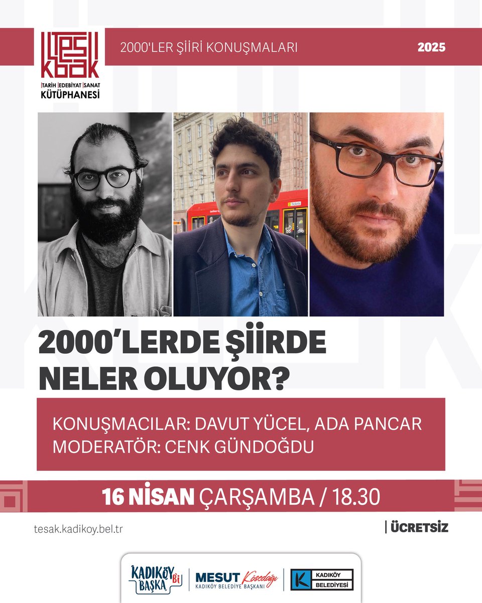 TESAK_Kadikoy's tweet photo. #TESAK’ta Cenk Gündoğdu’nun moderatörlüğünde 2000’ler Şiiri Konuşmaları devam ediyor.
Nisan ayındaki etkinlikte Davut Yücel ve Ada Pancar ile 2000’ler şiirini, edebiyat ortamını, dergileri ve dönemin ruh halini konuşacağız. https://t.co/kbDENmNruN