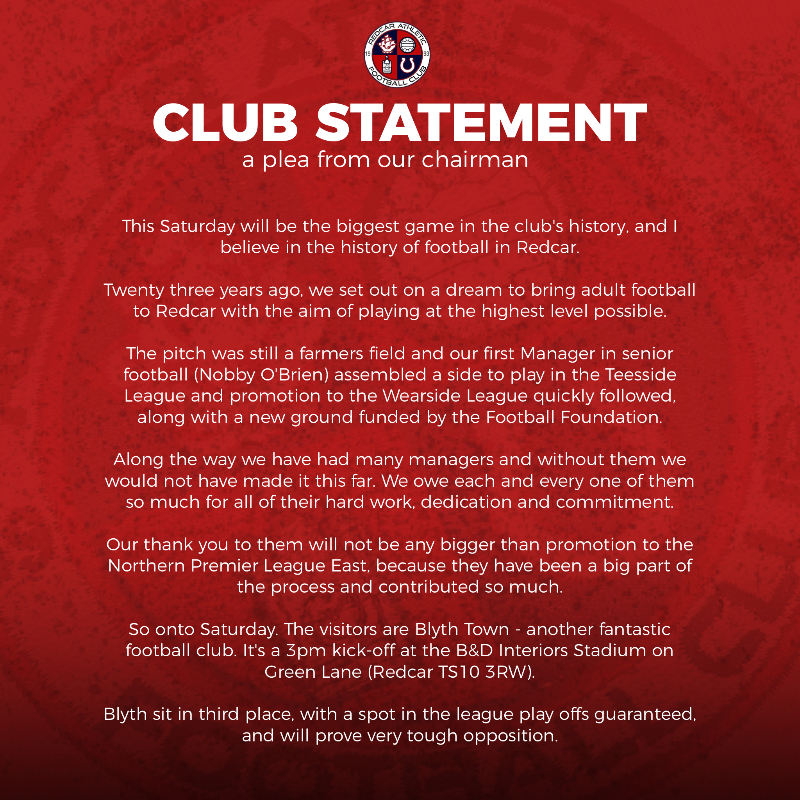 redcarathleticf's tweet photo. A plea from our Chairman ✍️