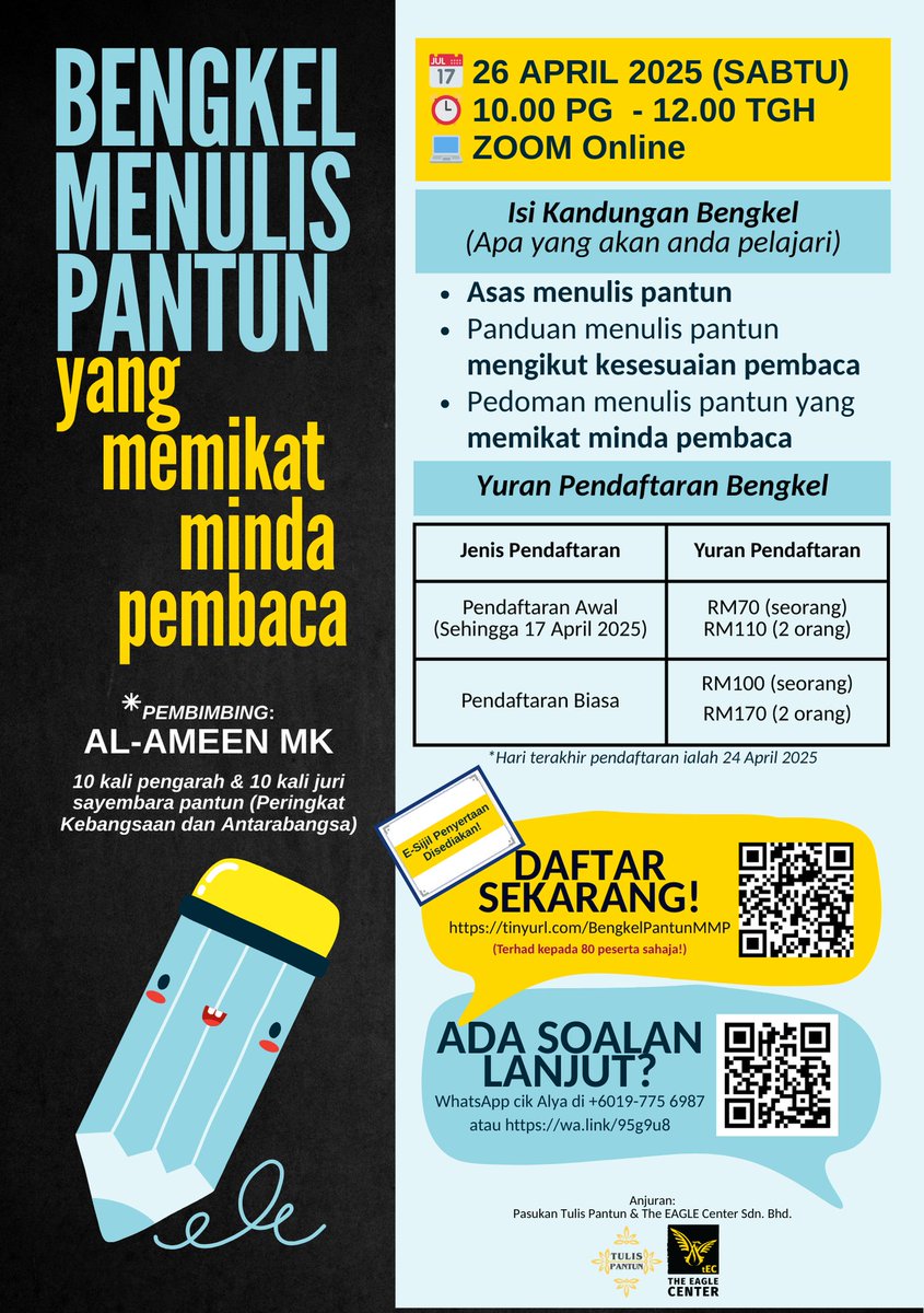TulisPantun's tweet photo. Ketahui rahsia menulis pantun yang memenangi perhatian sambil memandaikan pembaca anda!

🌟Bengkel Menulis Pantun yang Memikat Minda Pembaca 🌟
Tarikh: Sabtu, 26 April 2025
Masa: 10.00 pg - 12.00 tgh
Platform: Zoom
Pembimbing: Al-Ameen MK

Pautan Daftar: https://t.co/yQglbuJJVe https://t.co/j52tA73Nqp