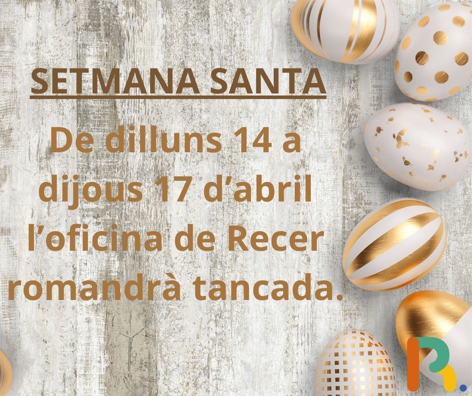 Recer Cooperativa (@recercoop) on Twitter photo Per Setmana Santa l'oficina de Recer tanca uns dies.
Si us trobeu davant un decés seguiu els passos del següent enllaç recercoop.cat/us-del-servei/
Qualsevol incidència en el servei podeu trucar al 613.545.491 o escriure a recer@recercoop.cat
Ens veiem el 22 d'abril. Bona Pasqua! Per Setmana Santa l'oficina de Recer tanca uns dies.
Si us trobeu davant un decés seguiu els passos del següent enllaç recercoop.cat/us-del-servei/
Qualsevol incidència en el servei podeu trucar al 613.545.491 o escriure a recer@recercoop.cat
Ens veiem el 22 d'abril. Bona Pasqua!