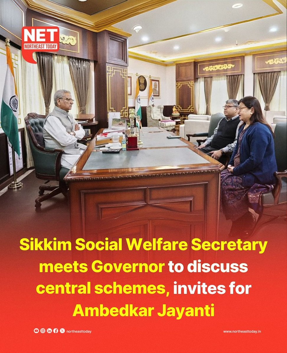 NortheastToday's tweet image. #Sikkim | Social Welfare Department Secretary Sarika Pradhan met with Sikkim Governor Om Prakash Mathur at Raj Bhavan on Friday to review the implementation of Central Government welfare schemes in the state.

Read more..
northeasttoday.in/2025/04/11/sik…

#SocialWelfareDepartment
