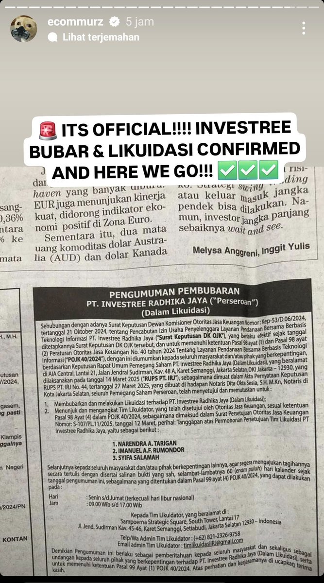 profesor_saham's tweet image. BREAKING NEWS

INVESTREE salah satu p2p lending yang sempat dipromosiin beberapa influencer finance

Resmi bubar dan dilikuidasi asset dll

Ceo dan foundernya masih buronan sampai sekarang (cmiw) terakhir joging di doha pamer strava

Ada yang kena???