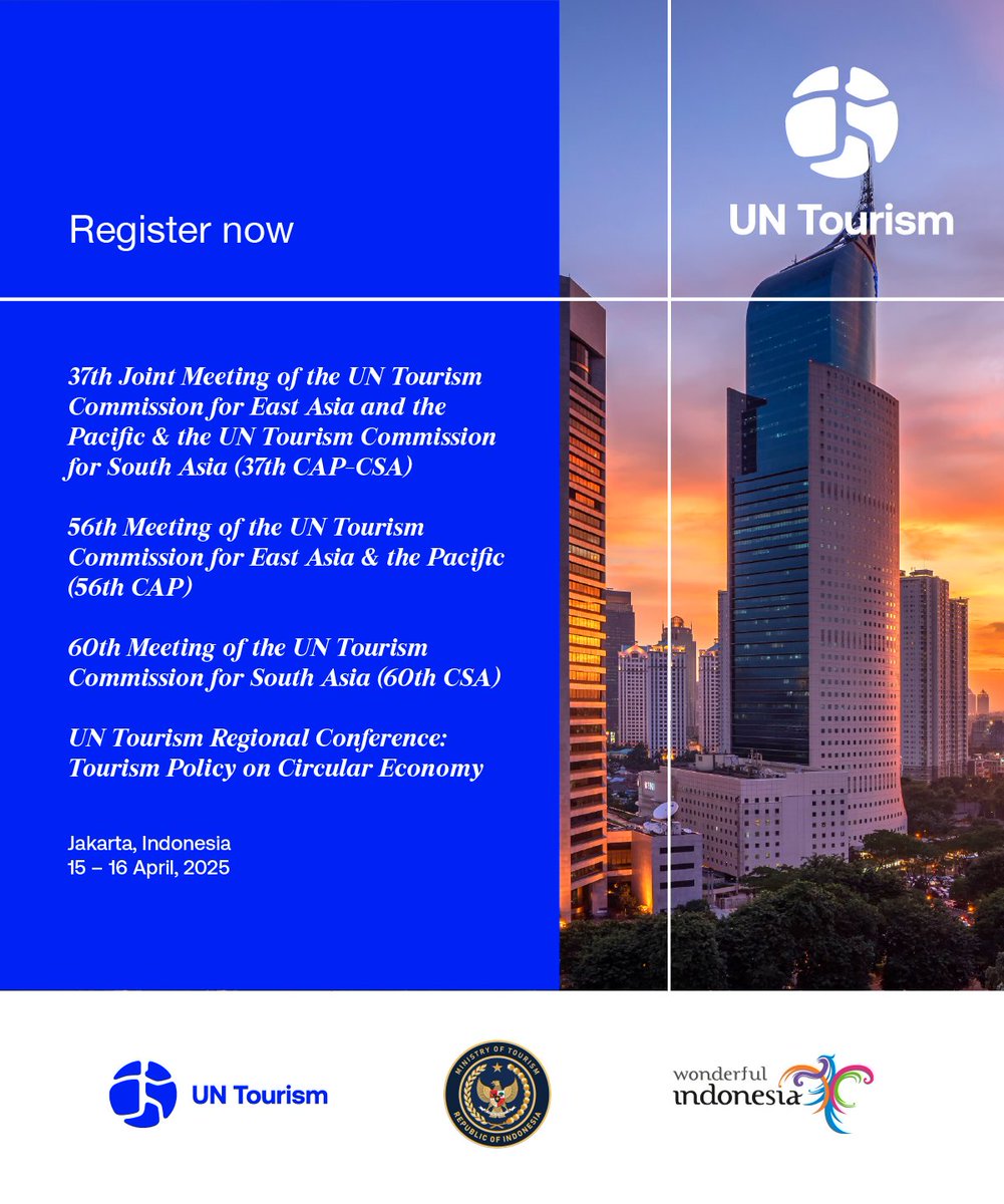 🌍✨ UN Tourism is heading to Wonderful Indonesia!

🇮🇩 Get ready for pivotal regional meetings: the 37th CAP-CSA, 56th CAP, 60th CSA, and the Regional Conference on Tourism Policy &amp; Circular Economy.

Let’s collaborate to shape the future of #tourism🌏

🔗unwto.org/events/37th-ca…