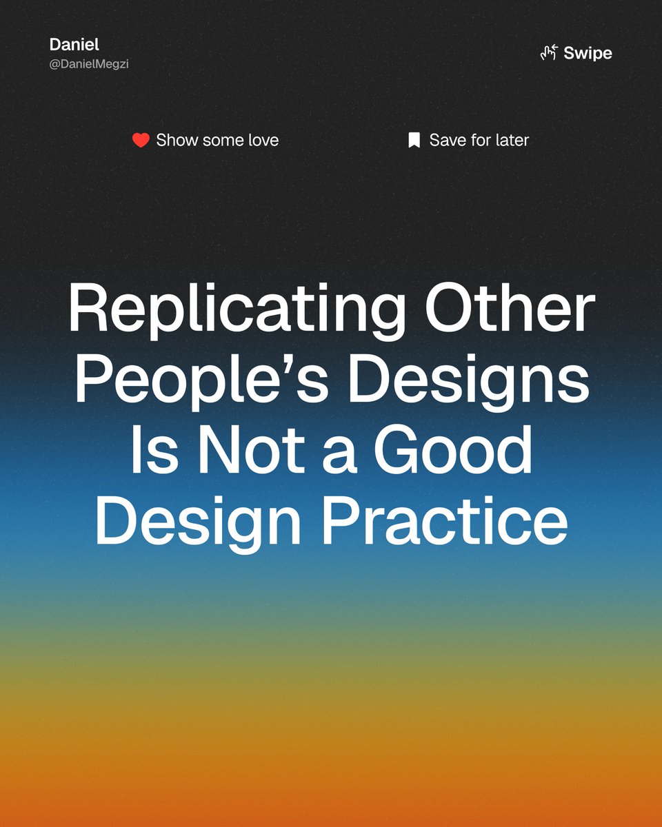 DanielMegzi's tweet image. Replicating designs ≠ Learning design
It might feel productive to copy cool UI you see on Dribbble or Behance. But if you're not digging into the why, you're only scratching the surface.
Let’s talk about a better way to grow as a product designer. 🧵
#ProductDesign #UXTips