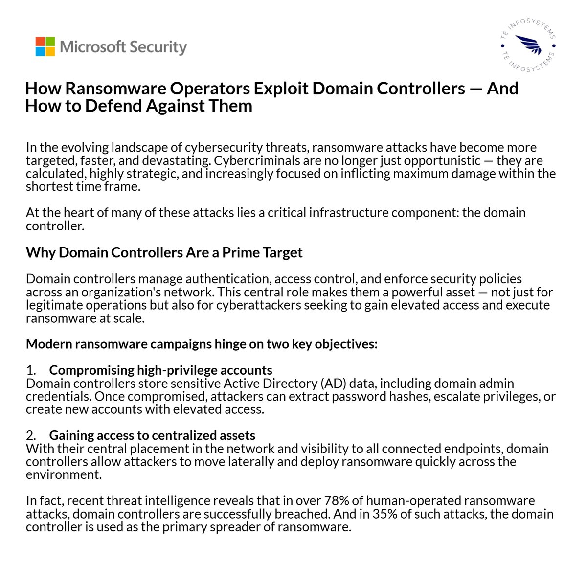 TEInfosystem's tweet photo. 🚨 Ransomware attacks are evolving fast — and domain controllers are in the crosshairs.

🎯 Attackers target them to gain privileged access and spread ransomware across networks in minutes. https://t.co/oxQrG8zHRC