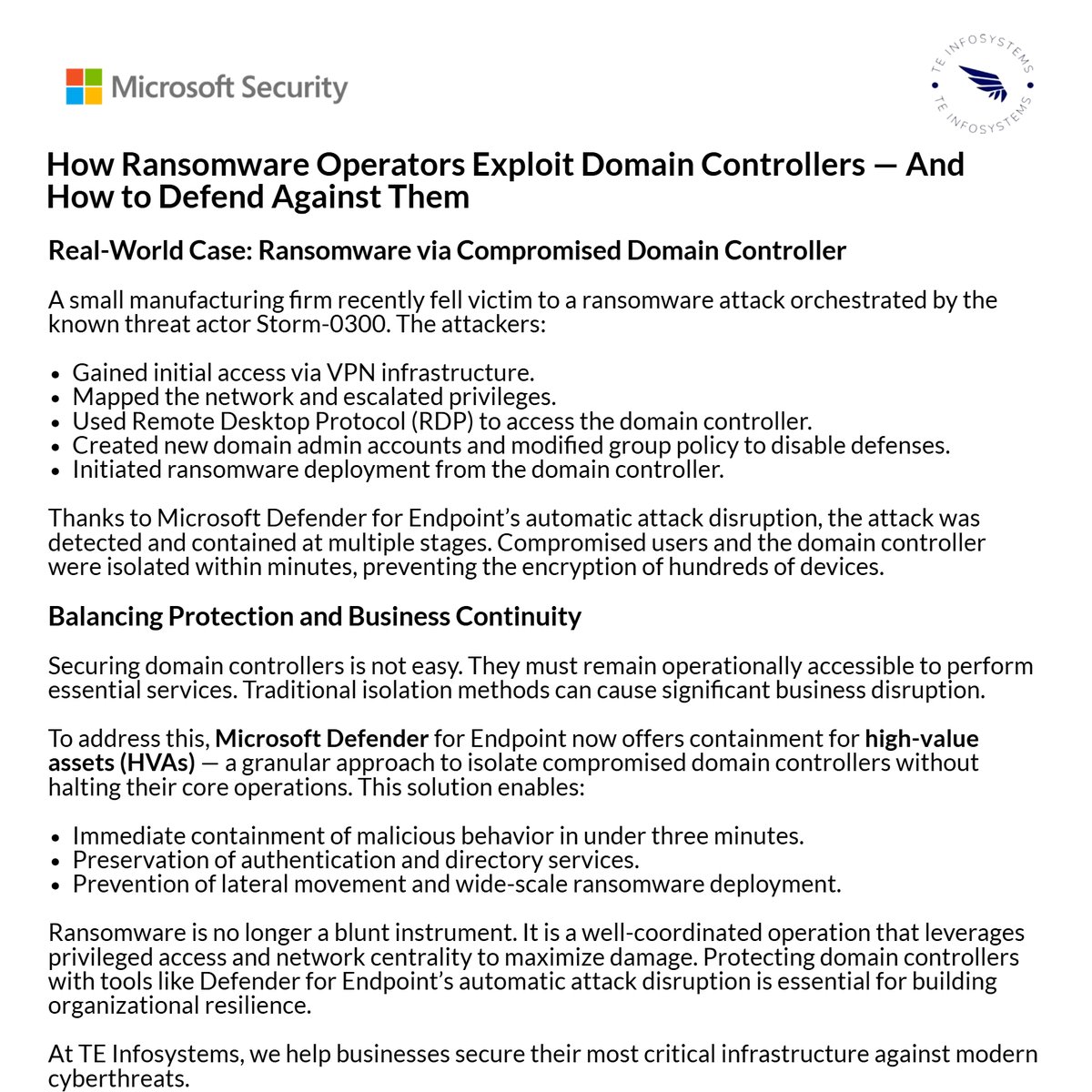 TEInfosystem's tweet photo. 🚨 Ransomware attacks are evolving fast — and domain controllers are in the crosshairs.

🎯 Attackers target them to gain privileged access and spread ransomware across networks in minutes. https://t.co/oxQrG8zHRC