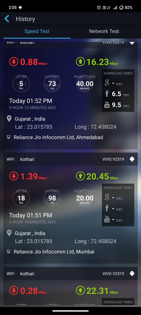 JenilKothari3's tweet photo. @JioCare @reliancejio Again i am facing same issue and this time it's been 2 days since I have raised a complaint and no one cares @JioCare @reliancejio.
Fed up with all the service providers.. first it's airtel and now it's Jio.
See this screenshots I've purchased 100mbps plan and getting 2mbps speed https://t.co/ozDLGxfDAT