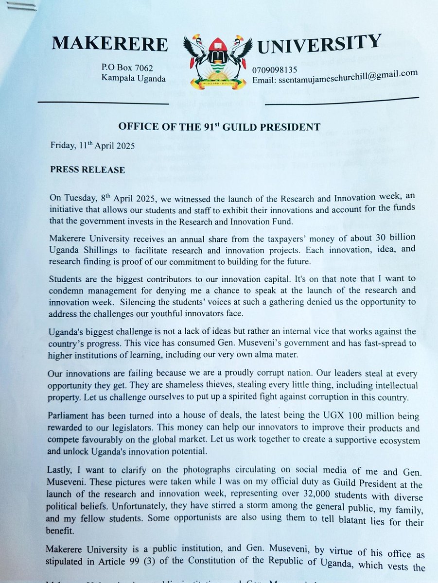 MakGuild's tweet photo. Earlier today, the Guild President held a press conference and addressed members of the media. Please find his official speech attached for your reference.
#Guildpress #ChurchillSsentamu #LetsGetHeard #Ssentamugovernment https://t.co/R2IdHaw0D7