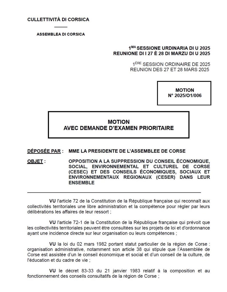 Marie-Antoinette Maupertuis (@maupertuis_n) on Twitter photo À l’@AssembleadiCorsica, nous avions voté à l’unanimité une motion contre la suppression des CESER et du CESEC. Ces instances sont la voix de la société civile et un pilier de nos démocraties. 
Le rejet de cet amendement par l’Assemblée Nationale est une décision de bon sens. À l’@AssembleadiCorsica, nous avions voté à l’unanimité une motion contre la suppression des CESER et du CESEC. Ces instances sont la voix de la société civile et un pilier de nos démocraties. 
Le rejet de cet amendement par l’Assemblée Nationale est une décision de bon sens.