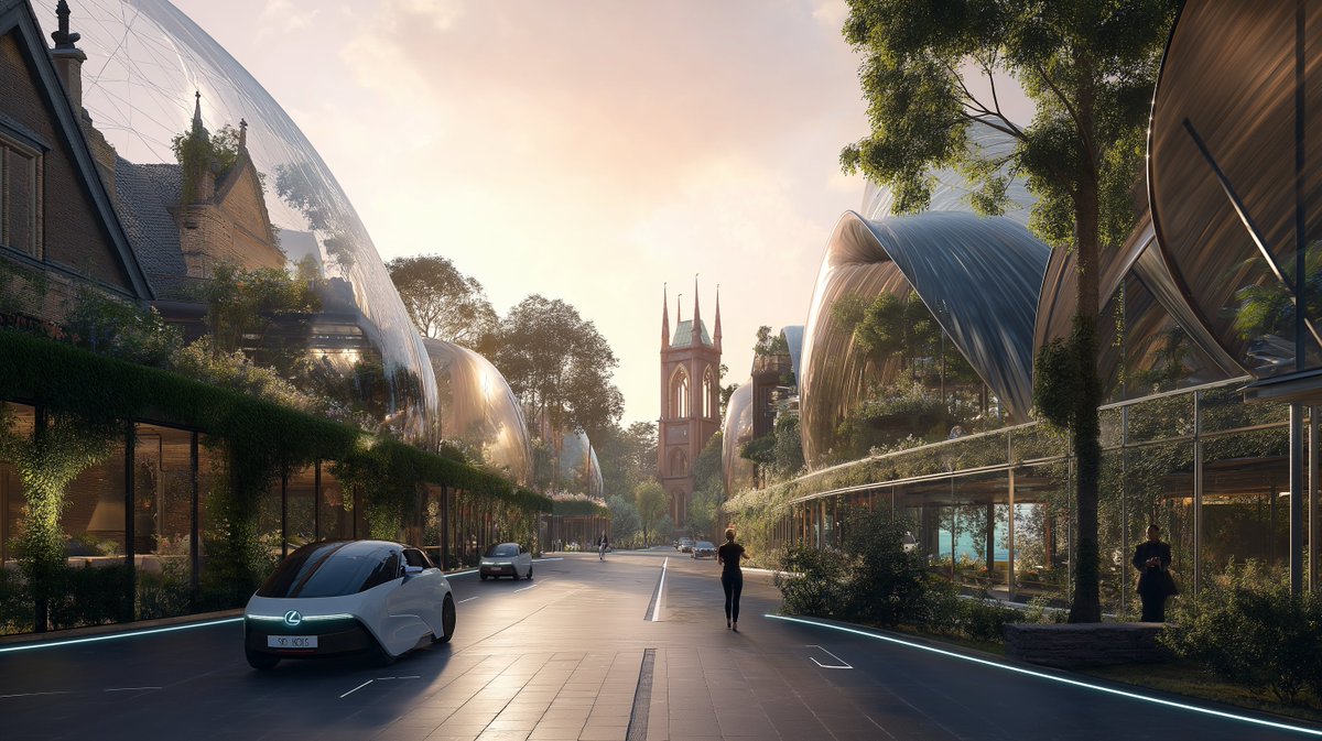 artificialarch's tweet photo. ''Britain in 2040.''

A harmonious blend of heritage and innovation — where historic textures meet biophilic design, autonomous mobility, and sustainable transparency.

Not a dystopia, but a dignified evolution. Let’s build a future that respects the past without being stuck in it.

@riba @DCMS @UKGBC 

#FutureBritain #AIArchitecture #GreenUrbanism #HistoricMeetsFuturistic #RIBA2040 #NetZeroDesign #UrbanVision2040 #ArchitectureOfTomorrow