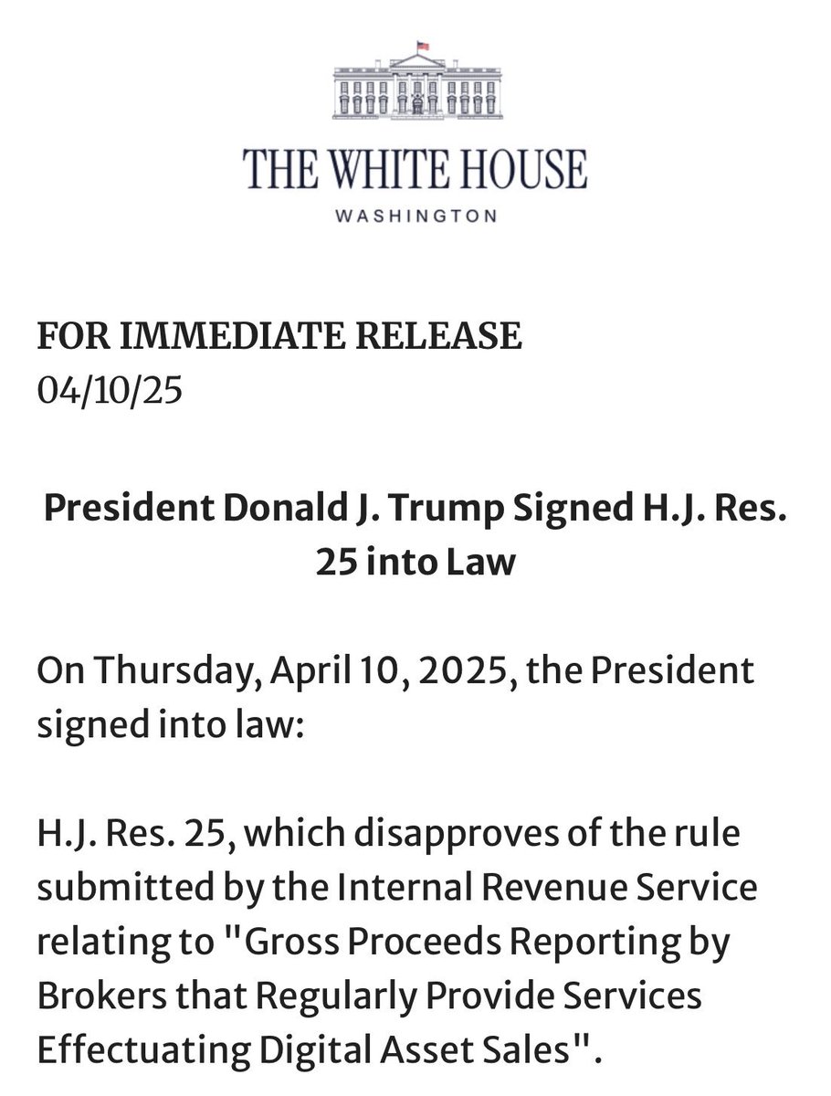 JUST IN: 🇺🇸 President Trump signs the bill to repeal the Crypto Broker  Rule. It is the first crypto bill ever signed into law by a president 🙌
