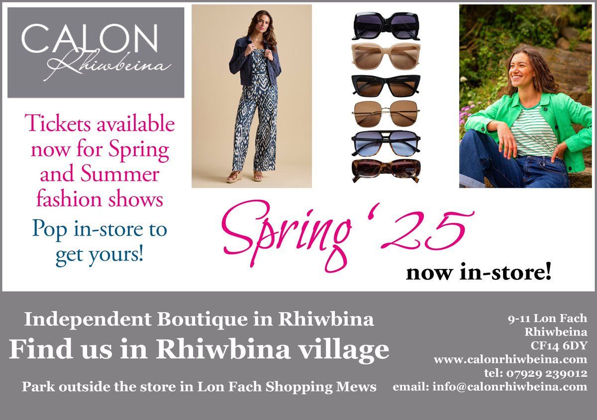 𝗖𝗮𝗹𝗼𝗻 𝗥𝗵𝗶𝘄𝗯𝗲𝗶𝗻𝗮 - 𝘁𝗶𝗰𝗸𝗲𝘁𝘀 𝗻𝗼𝘄 𝗼𝗻 𝘀𝗮𝗹𝗲 𝗳𝗼𝗿 𝗳𝗮𝘀𝗵𝗶𝗼𝗻 𝘀𝗵𝗼𝘄𝘀!

It's fashion show season at Calon Rhiwbeina. Tickets are now on sale so pop in to get your seats booked.

Find Calon Rhiwbeina on Lon Fach in Rhiwbina village!