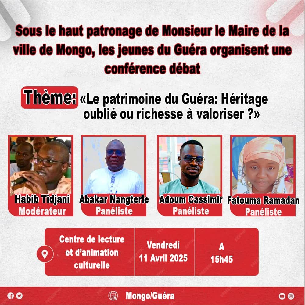 Ce vendredi 11 avril 2025, dès 15h45, rendez-vous au CLAC de Mongo pour un débat passionnant sur notre patrimoine culturel ! une occasion parfaite pour réfléchir ensemble à la préservation et à la transmission de nos patrimoine. 
#PatrimoineDuGuéra #CultureTchad #Mongo #guera