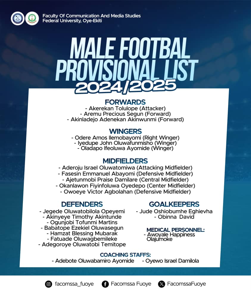 FUOYE_SPORTS's tweet photo. Just a day to kickoff and Faculty of Communication and Media Studies finally drops their football squad list and it's loaded with elite names!

Late drop? Or a classic media strategy to shake their opponents psychologically before the first whistle?

#FUOYESportsFestival https://t.co/8uQEWYnW8f