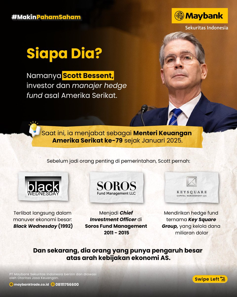 MaybankTradeID's tweet photo. Dibalik kebijakan tarif Trump ada Scott Bessent yang turut terlibat dalam kebijakan ini.

Kalau menurut Mayfriends, gebrakan apa lagi yang akan dilakukan Scott Bessent dan Donald Trump?

#MaybankSekuritas #MaybankTradeID #MakinPahamSaham #Investasi #InvestasiSaham #Donaldtrump https://t.co/KE69MMgRqQ