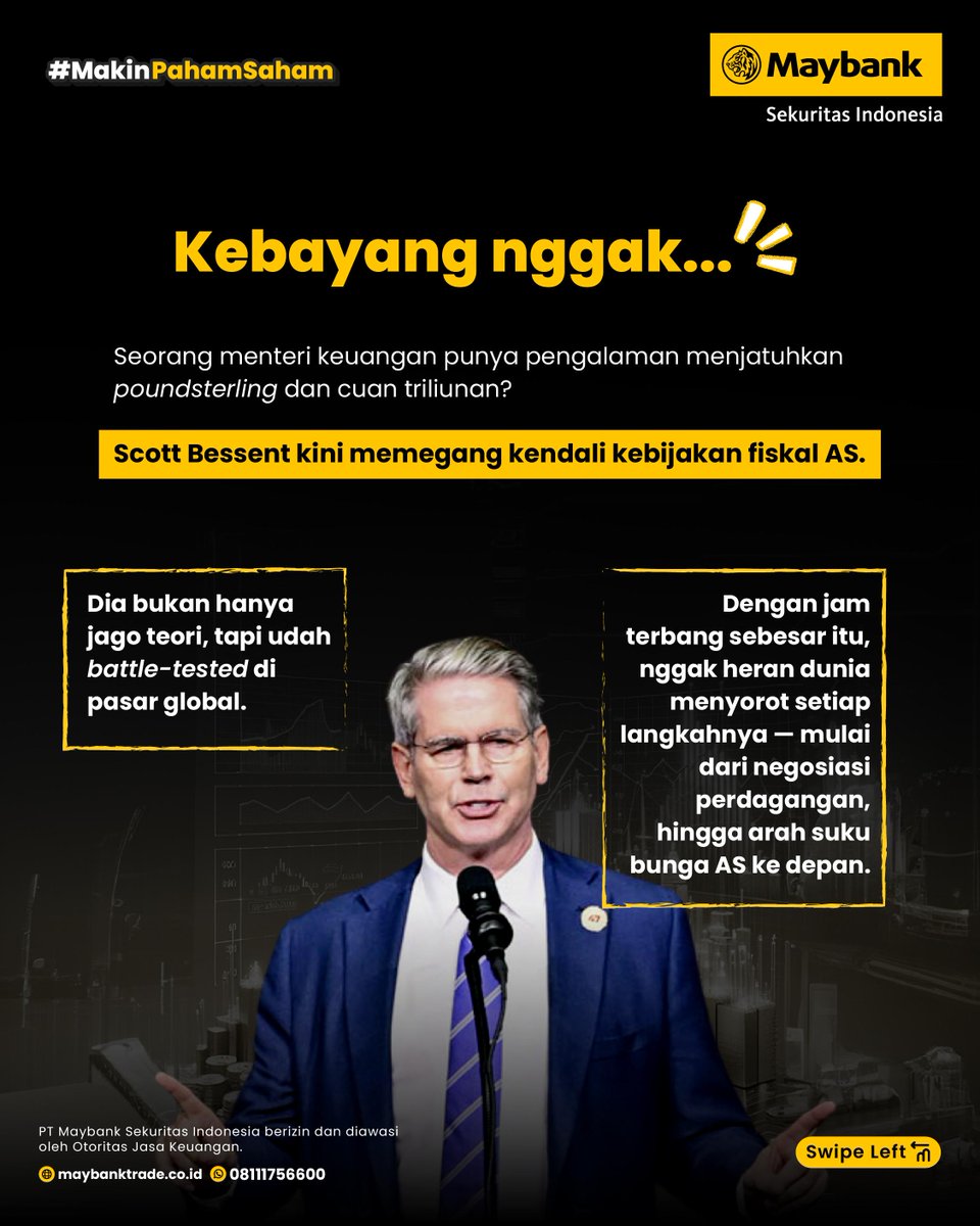 MaybankTradeID's tweet photo. Dibalik kebijakan tarif Trump ada Scott Bessent yang turut terlibat dalam kebijakan ini.

Kalau menurut Mayfriends, gebrakan apa lagi yang akan dilakukan Scott Bessent dan Donald Trump?

#MaybankSekuritas #MaybankTradeID #MakinPahamSaham #Investasi #InvestasiSaham #Donaldtrump https://t.co/KE69MMgRqQ