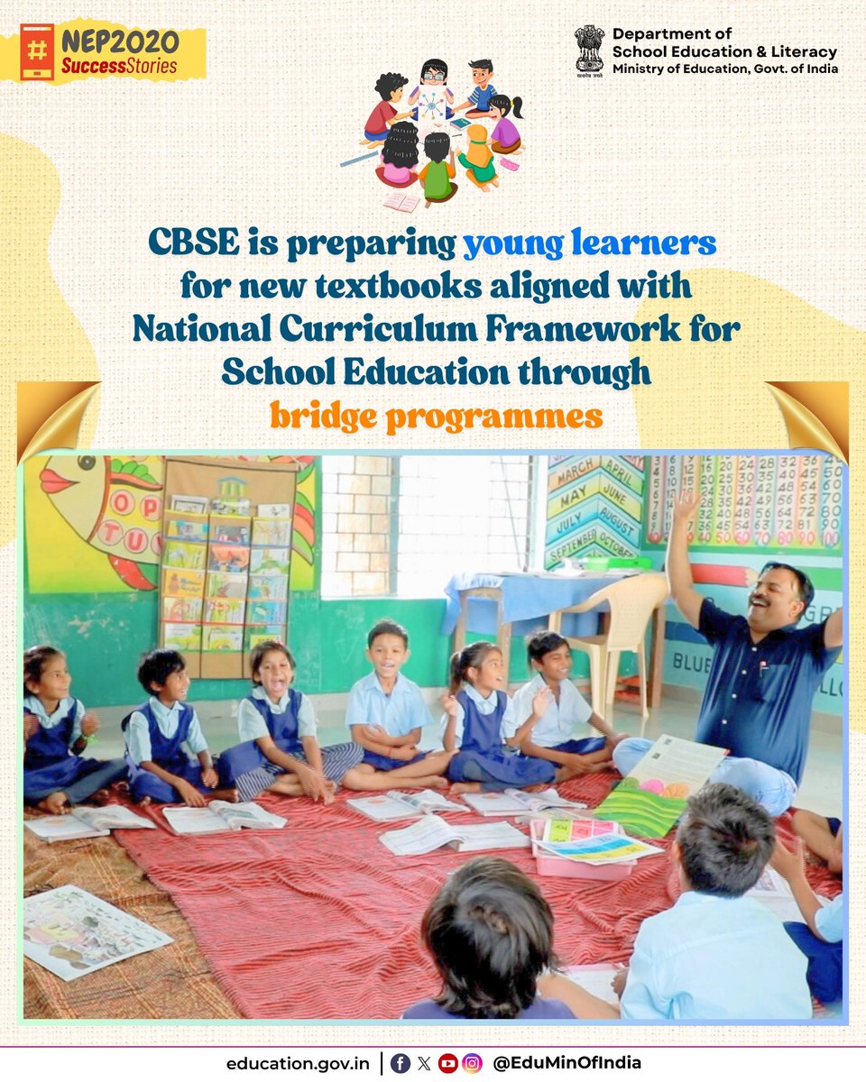EduMinOfIndia's tweet photo. 📘 As envisioned in #NEP2020 and in alignment with the National Curriculum Framework for School Education (NCF-SE) 2023, @cbseindia29 has advised all affiliated schools to adopt the new competency-based textbooks introduced by @ncert for Grades 4, 5, 7 and 8 for the academic session 2025–26.

To facilitate a smooth transition to the new curriculum, CBSE has also directed schools to implement Bridge Programmes for Classes 5, 6 and 8 from 1st April 2025. These programmes have been aimed at fostering playful, activity-based learning and encourage integration of arts, physical education, well-being and skill education across subjects, helping students adapt to the new pedagogical approach.

To support this major shift, capacity-building programmes for key resource persons of CBSE, KVS and NVS are being conducted in an online mode. 

#NEP2020SuccessStories #Education4All #SchoolEducation #SamagraShiksha #DoSEL