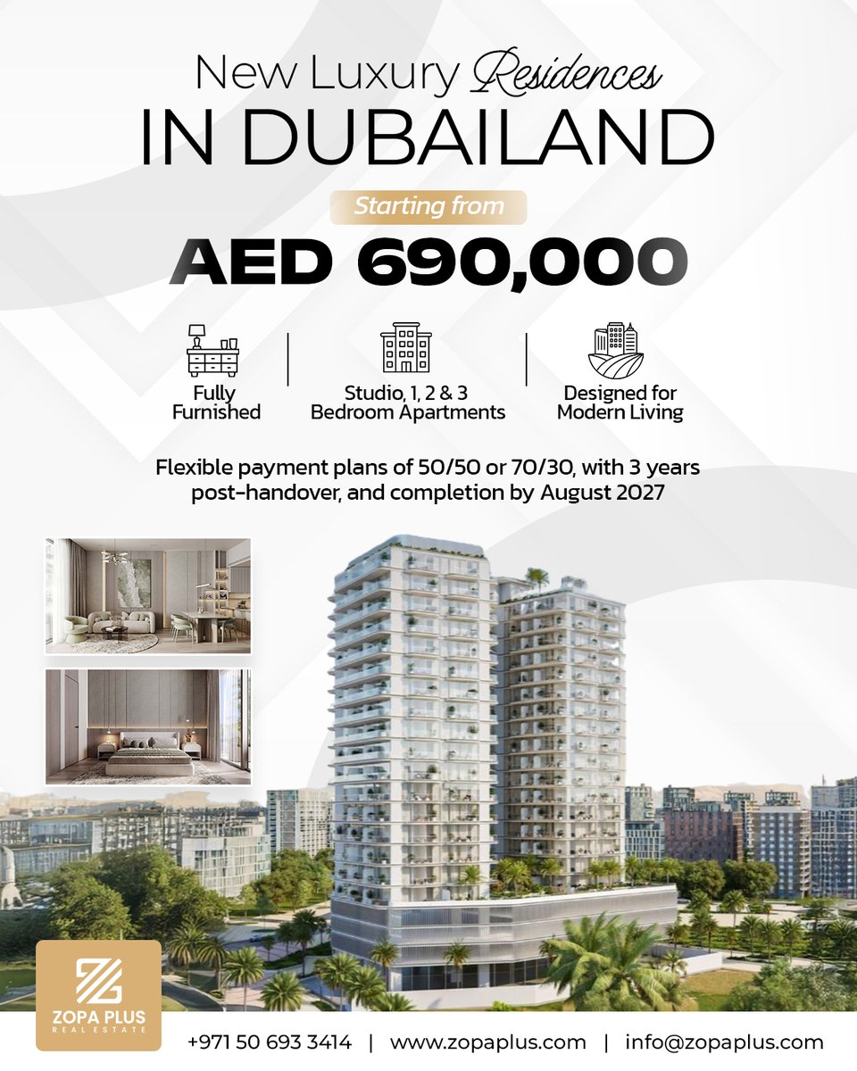 zopaplus's tweet image. 🏙️ Luxury Apartments for Sale in Dubailand | Fully Furnished Units | Flexible Payment Plans | Handover in 2027

🏠 Unit Options &amp;amp; Starting Prices:
Studio Apartments for Sale in Dubailand: From 386 sqft at AED 690,000