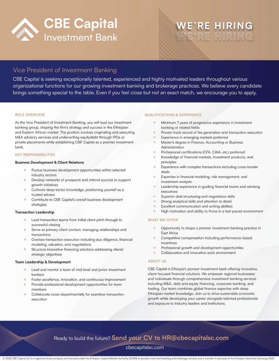 We’re Hiring! CBE Capital Investment Bank is hiring a Vice President for our Investment Banking Group. See attached details.

Website: cbecapitalsc.com