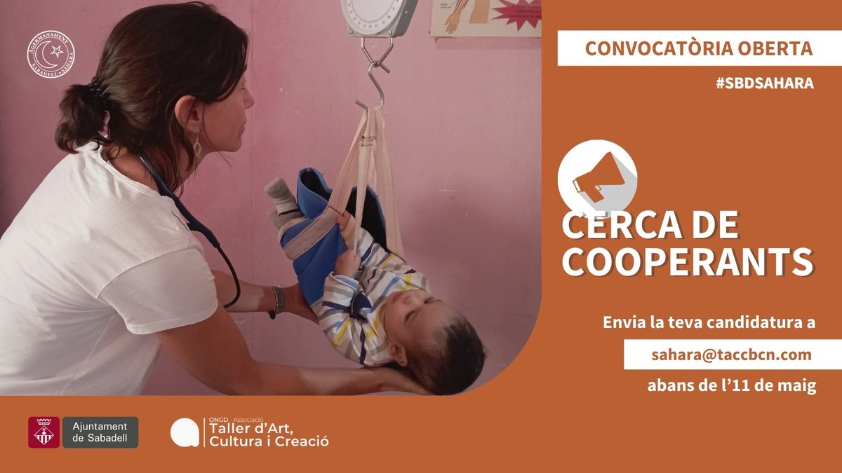 TACCbcn's tweet photo. 📣 Cerquem cooperants per formar part de la comissió mèdica de l'Agermanament de Sabadell amb el poble sahrauí

🩺 Es requereixen les següents especialitats
Dermatologia
Farmàcia
Ginecologia
Infermeria
Medicina familiar
Pediatria
Psiquiatria
Traumatologia
Urologia https://t.co/697DRWVr8o