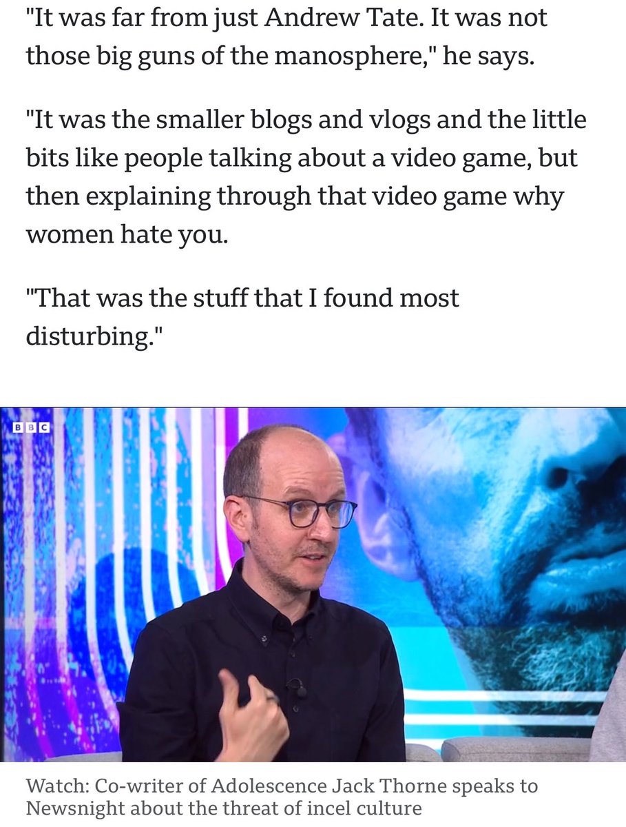 TateTheTalisman's tweet image. So it seems @jackthorne is openly admitting to defamation regarding his fictional work Adolescence.

Andrew and I stand AGAINST the weak self blaming victim mindset of incel culture and after consuming their blogs to get clicks and media headlines he used Andrew’s name as the…