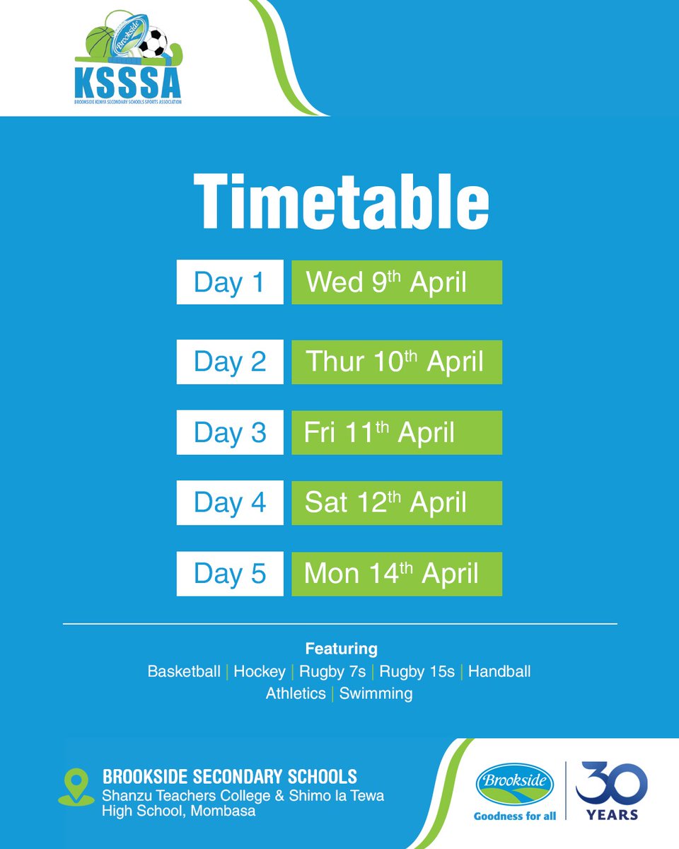 K24Tv's tweet photo. Brookside welcomes you to the KSSSA Games at Shanzu Teachers College & Shimo la Tewa High School, Mombasa! 🏀🏉🏊♂️ Let the best of talent shine from April 9th to 14th. #KSSSA2025 #BrooksideAt30 #GoodnessForAll @BrooksideLtd https://t.co/IYJg2Tobqr