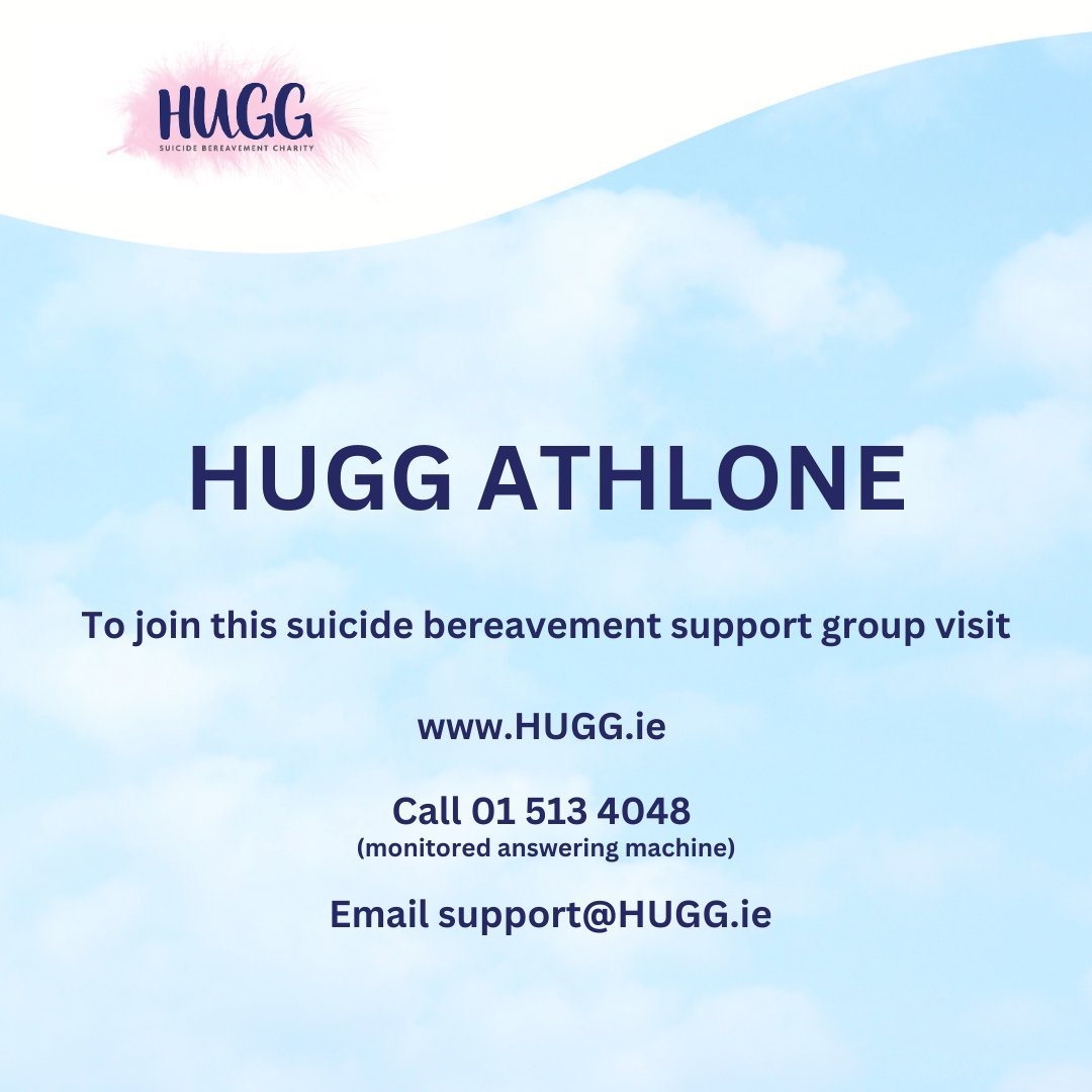 HUGG (@huggireland) on Twitter photo 📢 New HUGG Athlone - Suicide Bereavement Support Group
Why join a group?
- Feel less alone
- Reduces risk of mental health struggles
- Experience shared hope
Sign up at HUGG.ie
Email support@HUGG.ie
Call 01 513 4048 📢 New HUGG Athlone - Suicide Bereavement Support Group
Why join a group?
- Feel less alone
- Reduces risk of mental health struggles
- Experience shared hope
Sign up at HUGG.ie
Email support@HUGG.ie
Call 01 513 4048