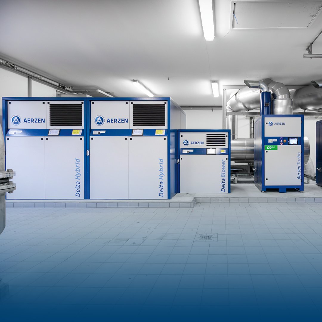 Two Delta Hybrids, one Delta Blower and two Aerzen Turbos ensure the optimum oxygen supply in the aeration tanks. Depending on their use, they switch with AERsmart as a combination or as an individual solution so that the best energy solution for aeration is achieved.