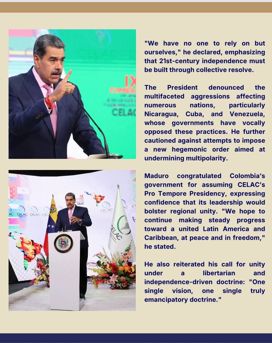 At the IX Summit of Heads of State and Government of the Community of Latinamerican and Caribbean States (#CELAC), President <a href="/nicolasmaduro/">Nicolás Maduro</a> emphasized the need for collective awakening in the face of an imperial offensive seeking to impose a global model of domination.