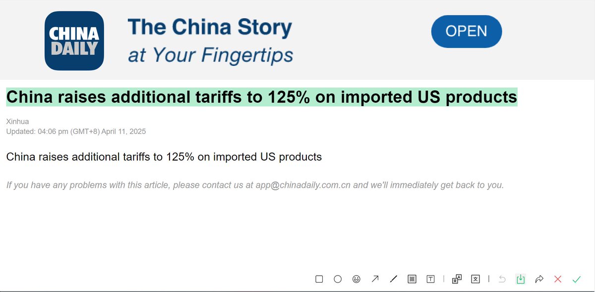 sharkskin13's tweet photo. China raises additional tariffs to 125% on imported US products https://t.co/bHZXd8t8mp