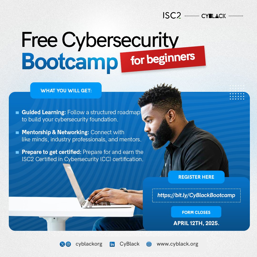 Cyblackorg's tweet image. Are you passionate about cybersecurity but don’t know where to start? 

While self-study is an option, we have partnered with @ISC2 to provide you with a structured bootcamp that will set you up for success.

Register here to join our bootcamp here : bit.ly/CyBlackBootcamp